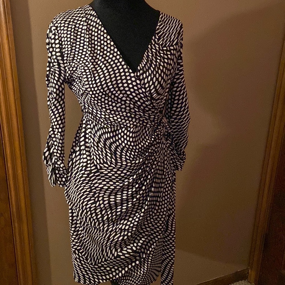 INC, black and white faux wrap dress